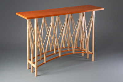 custom furniture hall table, mahogany and ash unique
