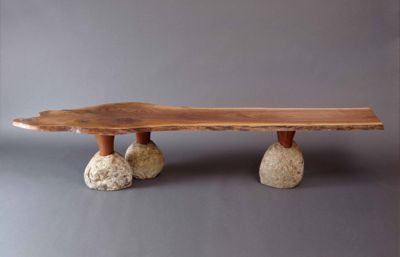 Unique Cloud Bench made from walnut and stone by Seth Rolland furniture maker