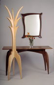 custom entry way furniture set including tango hall table, maple coat tree and walnut mirror