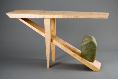 Bailey Stone Table custom made from natural beach stone and quilted maple by Seth Rolland custom furniture