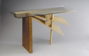 Glass top hall entry table with steam bent wood base by Seth Rolland custom furniture design