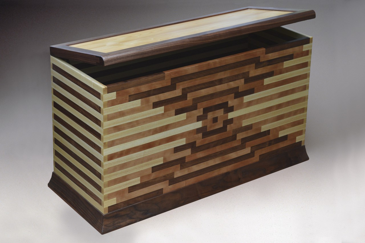 Solid walnut, cherry and ash wood blanket chest with cedar bottom custom made by furnituremaker Seth Rolland