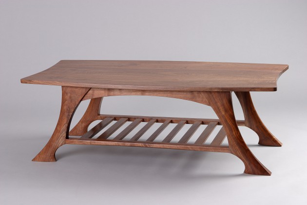 solid, carved walnut wood coffee table with shelf by Seth Rolland custom furniture design woodworker