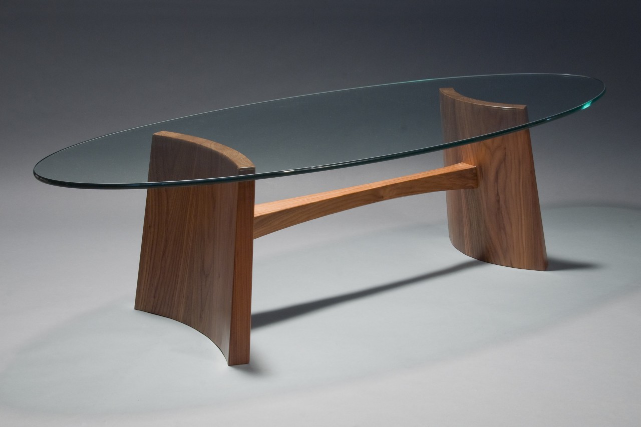 Modern, contemporary glass top Clearwater coffee table custom made by Seth Rolland fine furniture design