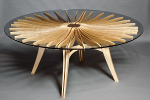 Round wood and glass Corona dining table custom made by Seth Rolland fine furniture design