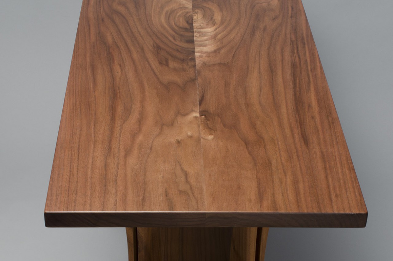 Contemporary walnut wood hall console entry table custom carved and shaped by Seth Rolland furniture design