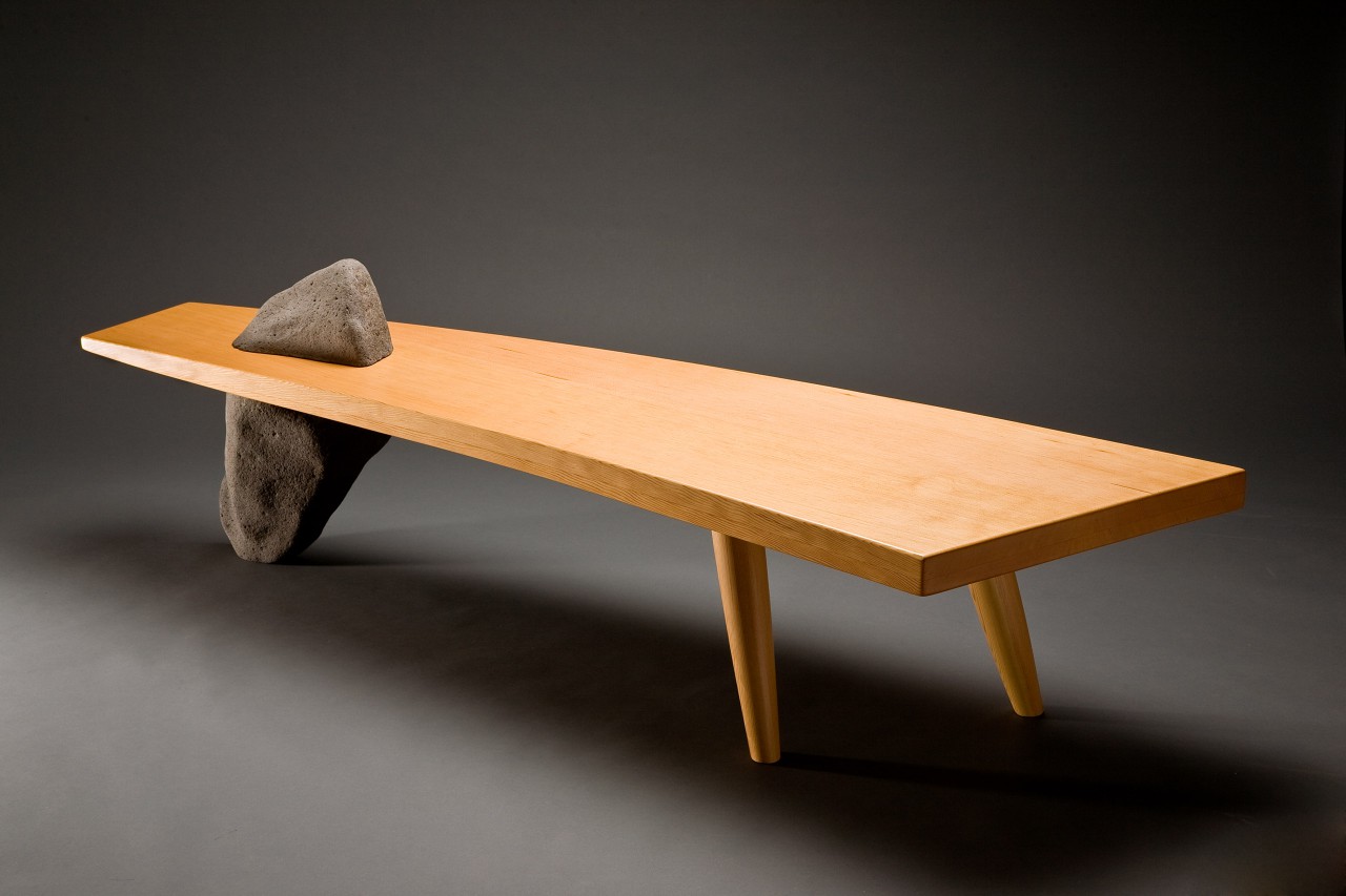 Gibraltar bench curved wood with stone leg can be used as a coffee table or custom sized by Seth Rolland fine furniture