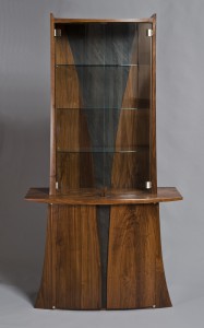 Dining room hutch with curved glass doors, walnut and slate custom built by Seth Rolland woodworking