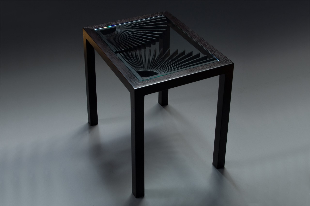 End table or side table in ebonized walnut with glass top by Seth Rolland custom furniture design