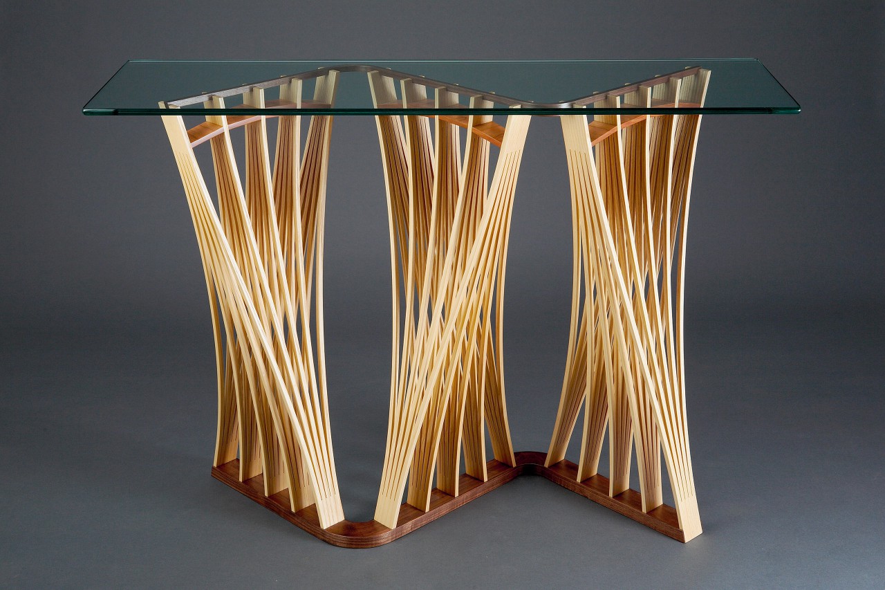 Solid ash wood hall table cut and steam bent into expanded forms hand crafted by woodworker Seth Rolland