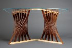 Low view of Parabola side table or end table in walnut and ash with glass top by Seth Rolland custom furniture design
