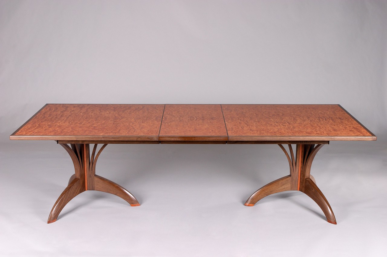 Dining table with leaf and bubinga veneer top hand made by Seth Rolland custom design furniture