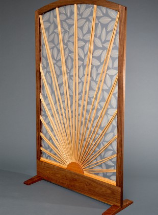Transluscent room divider with wood frame and pattern custom crafted by Seth Rolland furniture design