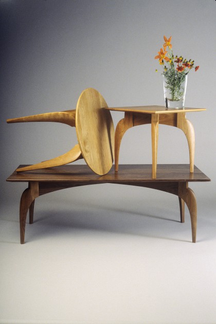 curved, modern wood coffee tables, side tables and end tables by Seth Rolland custom furniture design