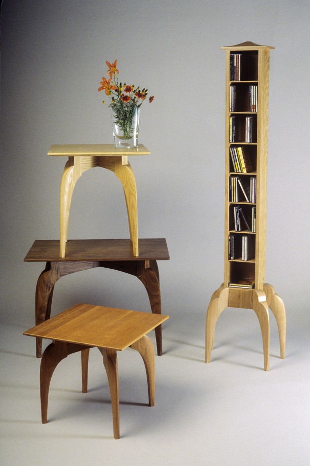 End tables, side tables and display tower in solid wood by Seth Rolland custom furniture design