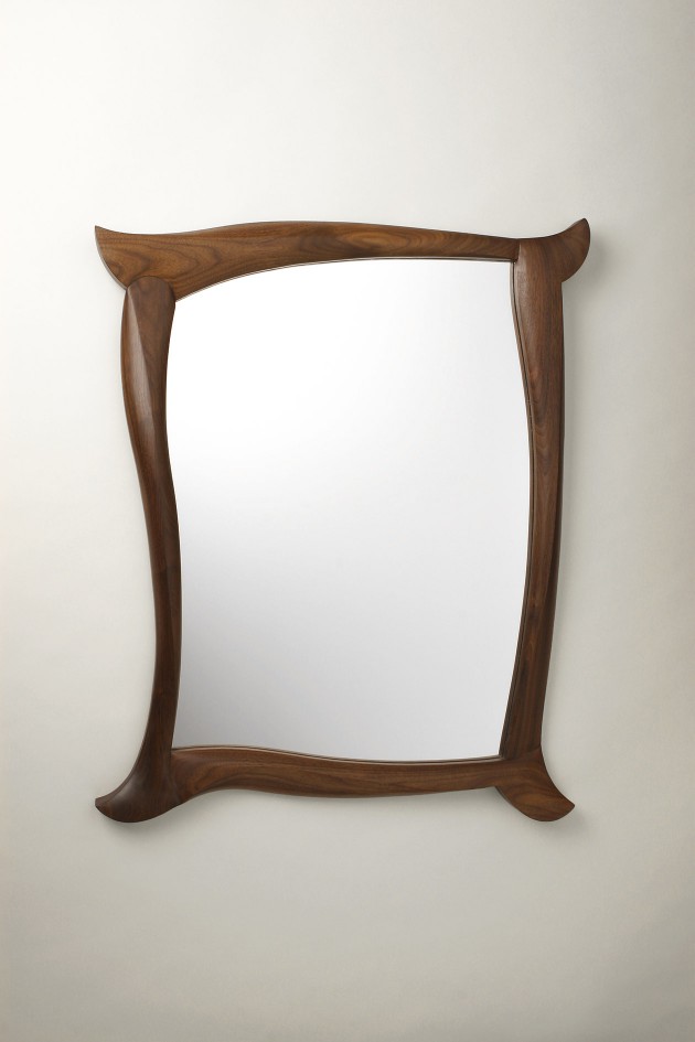 Walnut wall mirror with carved sculptural frame by Seth Rolland custom furniture design
