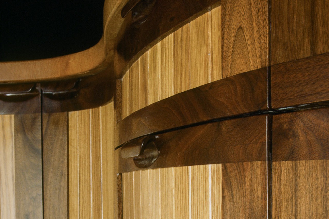 Curved cabinet detail with walnut and oak by Seth Rolland custom furniture design