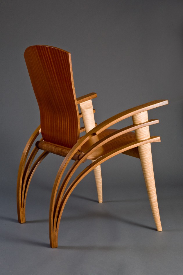 Back view of Trimerous chair made from walnut, maple and sapele wood by Seth Rolland custom furniture design