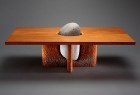 Tsubo coffee table made from mahogany wood and granite stone with hand carved base by Seth Rolland custom furniture design