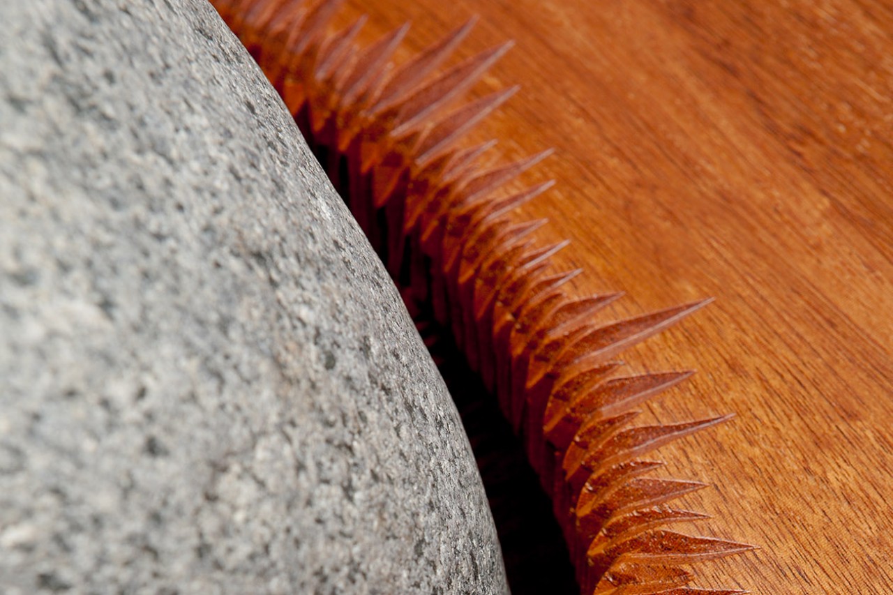 Tsubo coffee table detail made from wood and granite stone by Seth Rolland custom furniture design