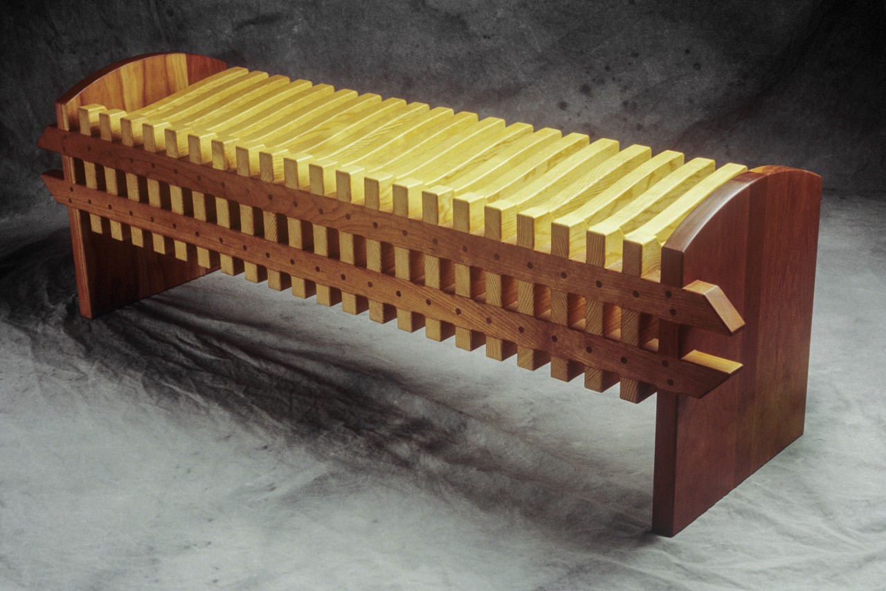 back of Vertebra bench made from cherry and pine by Seth Rolland custom furniture design