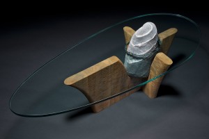glass top solid wood coffee table hand carved by Seth Rolland custom furniture design