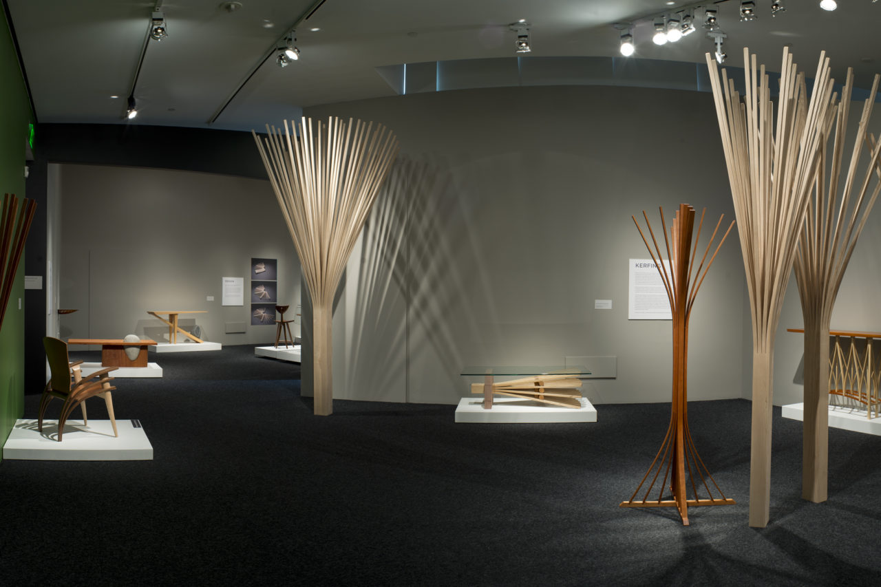 Balance and Tension: The Furniture of Seth Rolland installation image at Bellevue Arts Museum showing custom wood furniture and sculpture hand crafted in the Pacific Northwest