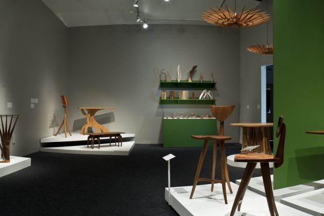 Balance and Tension: The Furniture of Seth Rolland, solo show at the Bellevue Arts Museum shoing custom furniture, art furniture, wood sculpture and objects